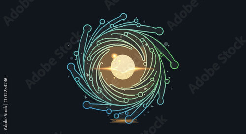 Abstract digital illustration of a swirling vortex with glowing lines and a central orb.