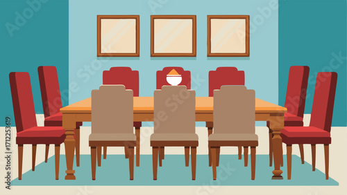 A dining room with a mix of rustic wooden chairs and elegant upholstered ones around a long wooden table.