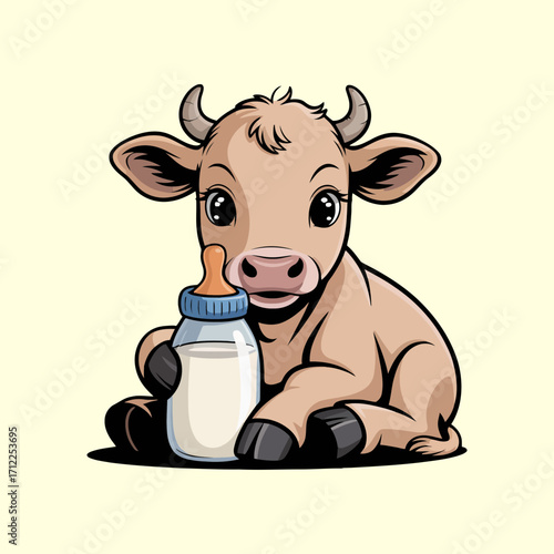 Baby cow cutely holding a bottle with delight. Great for baby products, animal lovers, and cute farmthemed designs. Sweet, adorable, charming livestock concept.