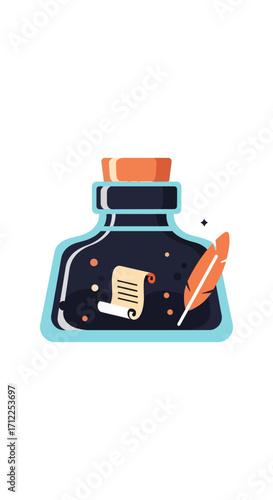 Vintage inkwell with a feather quill and scroll illustration.