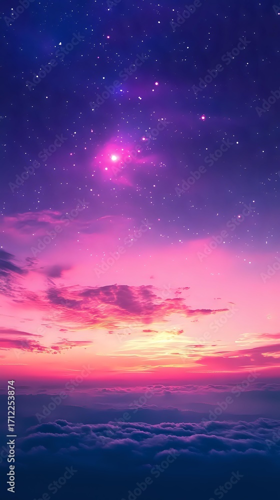Fototapeta premium Vibrant purple and pink sunset sky above clouds with bright stars and cosmic nebula creating magical atmospheric scene for fantasy and spiritual designs.