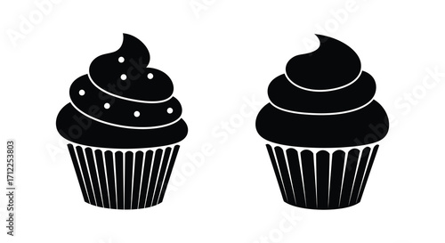 Two black and white cupcake silhouettes with detailed frosting and liners