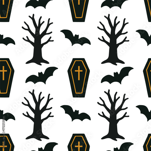 Halloween seamless pattern. Vector hand drawn background with bats and coffins for spooky season.