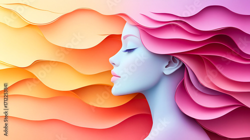 Abstract woman background, Beautiful fashion model in 3D papercut pastel colors illustration, paper craft effect style digital artwork. Birthday card, greeting card or beauty product banner poster