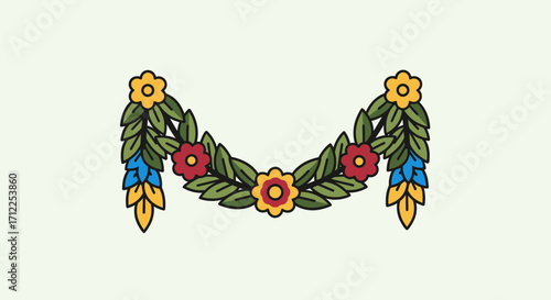 Vintage style floral garland with colorful flowers and leaves.