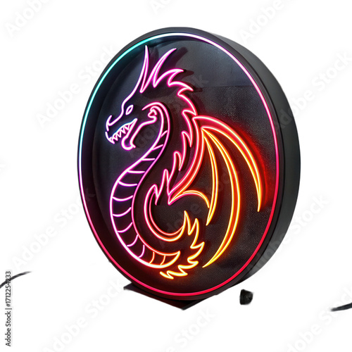 Neon dragon sign with glowing outline on transparent background, vibrant color, fantasy style, modern decor, circular shape