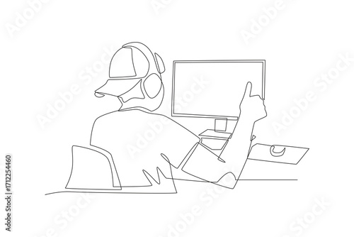 Man playing competitive PC games. Co‑op game concept one-line drawing