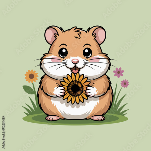 Kawaii hamster hugs sunflower in a tender moment. Suitable for childrens books, greeting cards, social media posts, and stationery.