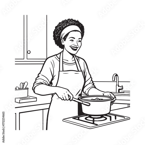 
Black and White Vector Illustration of a Smiling Woman Cooking in Kitchen with Apron and Headband