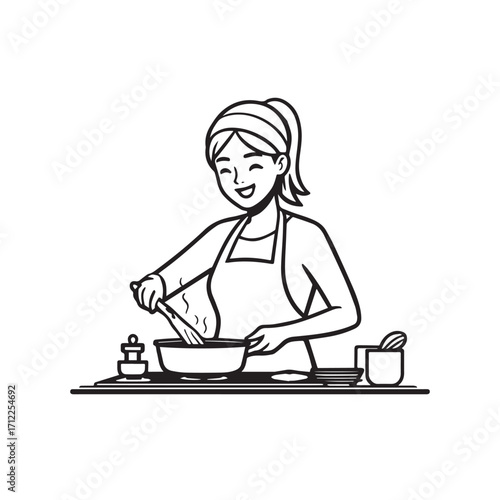 
Black and White Vector Illustration of a Smiling Woman Cooking in Kitchen with Apron and Headband