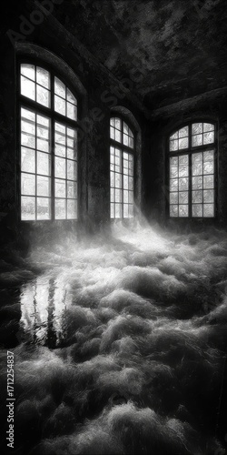 Abandoned room filled with ethereal mist.  Light streams through aged windows