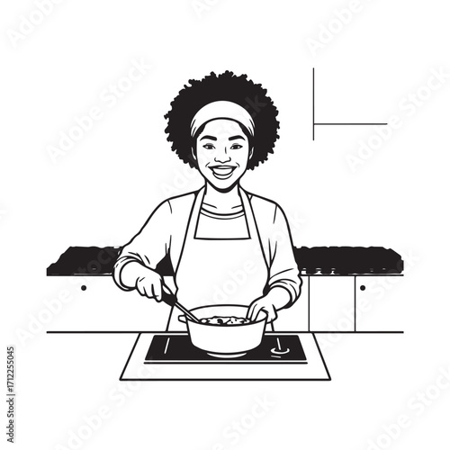 
Black and White Vector Illustration of a Smiling Woman Cooking in Kitchen with Apron and Headband
