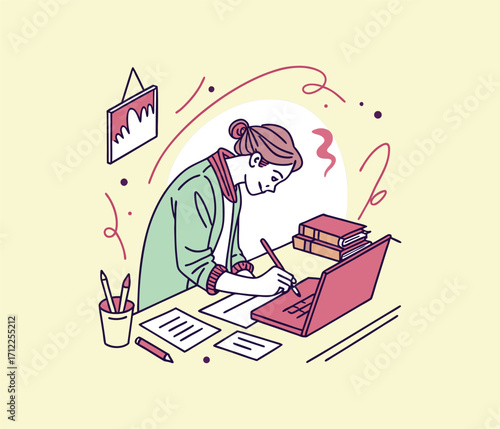 Creative Writing Illustration: A focused individual engrossed in creative writing, sketching in a vibrant graphic design. A perfect image to showcase imagination. 