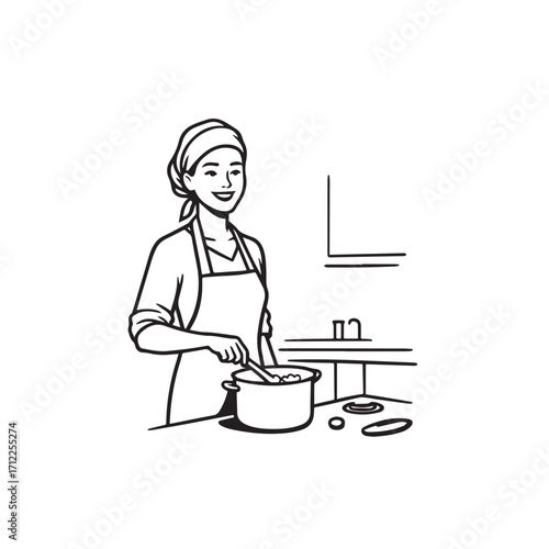 
Black and White Vector Illustration of a Smiling Woman Cooking in Kitchen with Apron and Headband