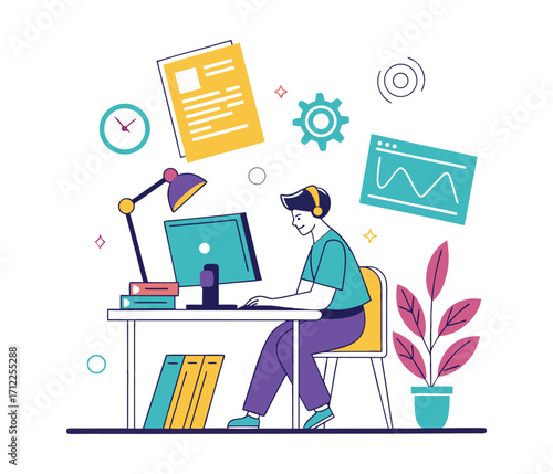 Digital Workspace: A modern flat illustration of a person deeply focused at a desk amidst a productive and creative digital workspace. The setting exudes inspiration.