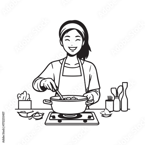 
Black and White Vector Illustration of a Smiling Woman Cooking in Kitchen with Apron and Headband