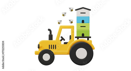 Yellow farm tractor transporting a colorful beehive with bees.