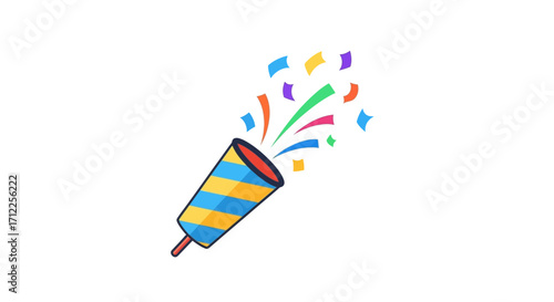 A colorful party popper exploding with confetti and streamers.