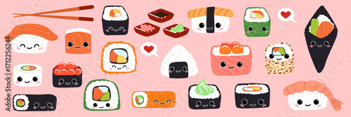 Sushi kawaii. Cute food with face. Roll character. Japanese dish. Icon manga design. Happy smiling mascot. Asian nigiri with smile. Menu isolated elements. Vector cartoon illustration restaurant set