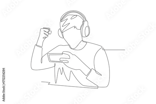 Men who play competitive mobile games. Co‑op game concept one-line drawing