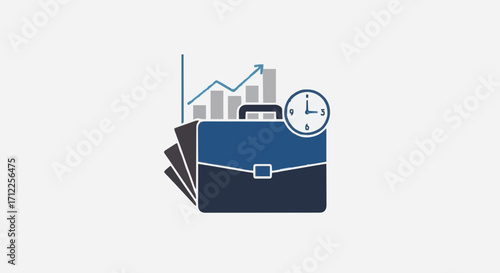 Business briefcase with growth chart and clock, symbolizing time management and financial success.