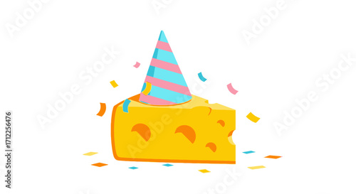 A festive wedge of cheese celebrating with a party hat.