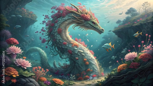 Enchanting underwater dragon with vivid flora and fauna swims