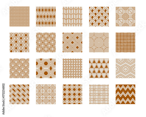 Art deco ornament. Seamless geometric. Line graphic background. Retro brown minimal pattern. Victorian abstract tile. Modern decorative textile. Simple flat shapes. Vector vintage tidy wallpapers set