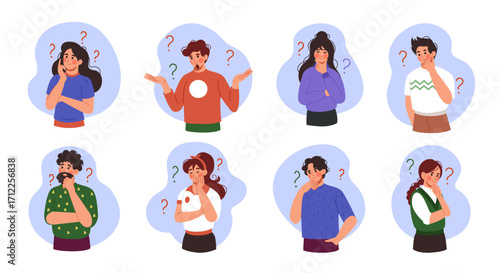 People with question marks. Confused person asks. Pensive character, young female. Business problem. Men think gesture. Vector boy is looking for tidy solution cartoon flat style isolated illustration