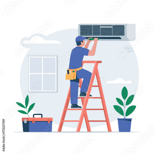 Repairman fixing air conditioner on ladder, repair service concept vector