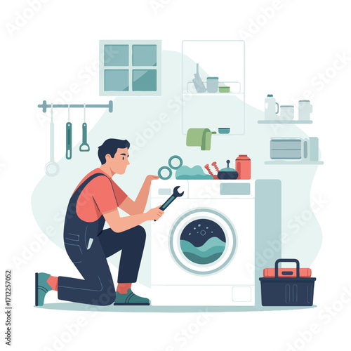 Repairman fixing washing machine in a house