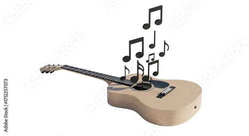 3D Render Music Notes Sticking Out of Guitar Isolated on White