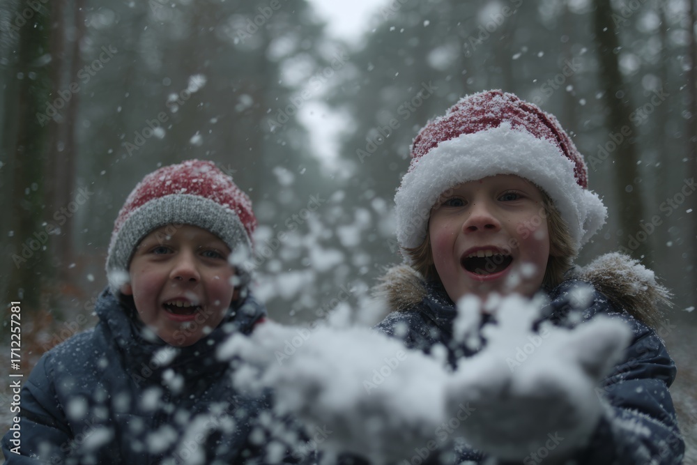 Fototapeta premium Two joyful boys playing in the snow, throwing fresh powder on a magical winter day in the forest.