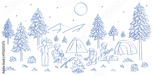 A modern, hand-drawn vector illustration of friends camping at night. This isolated and editable line art features people, tents, and a campfire, perfect for digital content and web design.
