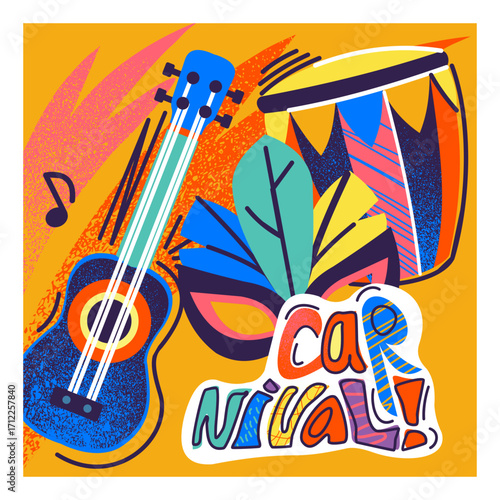 Carnival party poster. Mexican festival music. Abstract color shapes. Brazilian fair parade masquerade mask. Musical guitar and drum. Latin dance. Holiday fun event. Orchestra performance vector card