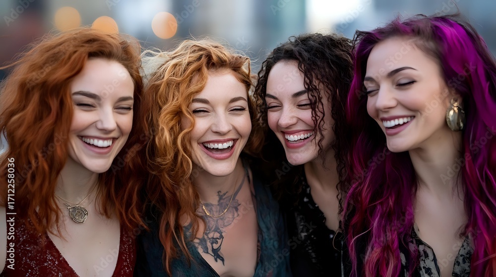 Obraz premium Four young women with vibrant dyed hair in red, ginger, dark brown and purple shades laughing together, showing genuine joy and friendship in casual outdoor setting.