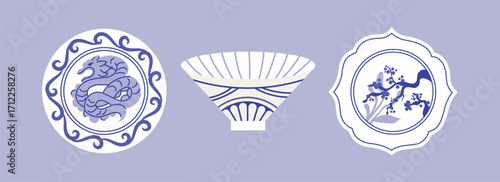 Decorative Chinese ceramic set, bowls and plates with floral, tree, branch and dragon ornament. Vector illustration isolated on background. Traditional pottery and porcelain art concept