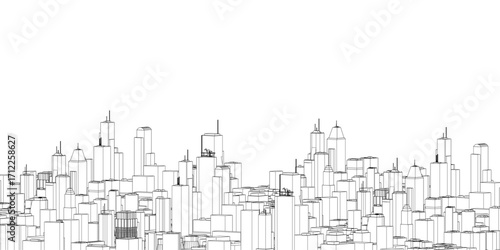 Black and white city skyline contour drawing with detailed architectural sketches on a clean white background. This urban landscape pack features realistic building outlines.