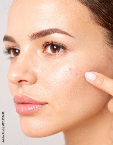 Woman points to subtle acne and skin blemishes