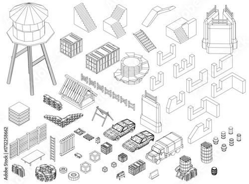 Low poly building pack includes water tower, cars, and various structures on a white background for map assets.