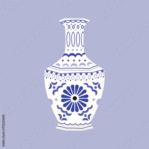 Blue and white porcelain vase with intricate traditional ornament. Decorative vintage ceramic jar. Asian culture design element. Vector illustration isolated on background
