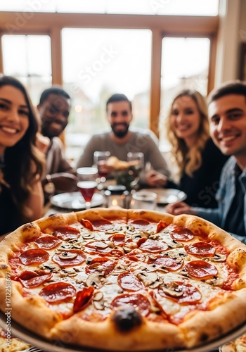 Pepperoni mushroom pizza with happy friends cheese