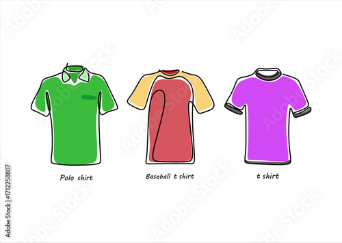 Line art of three different t-shirts polo, baseball, and regular t-shirt. line icon-continuous line drawing. Editable stroke. 
