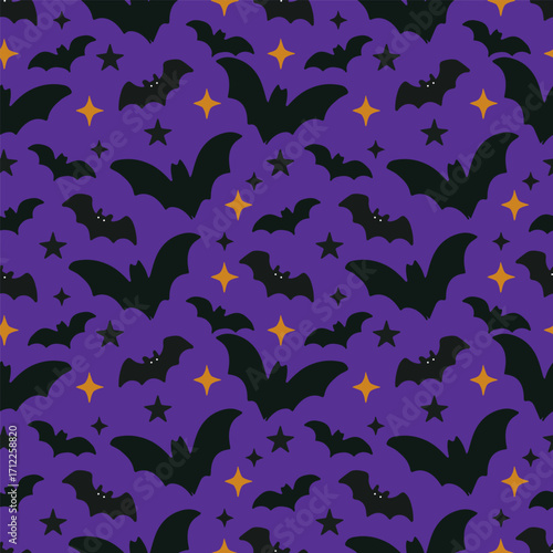 Halloween seamless pattern with bat's silhouettes. Vector hand drawn background for spooky season.