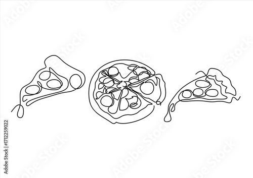 Pizza Line Art Illustration of Slices and Whole.  line icon-continuous line drawing. Editable stroke. 