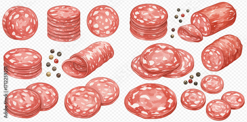 A collection of watercolor illustrations showing various salami and pepperoni slices, logs, and stacks with peppercorns.