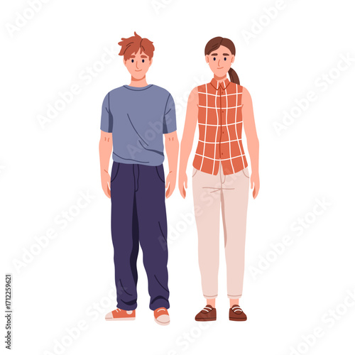 Ordinary couple in casual simple clothing. Man and woman wearing modest untidy apparel, messy look. People in plain unfashionable outfits. Flat vector illustration isolated on white background
