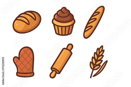 Baking icons set with bread, baguette, cupcake, and kitchen tools. Vector cartoon illustration of bakery elements like rolling pin, oven mitt, and wheat ear. Flat design.