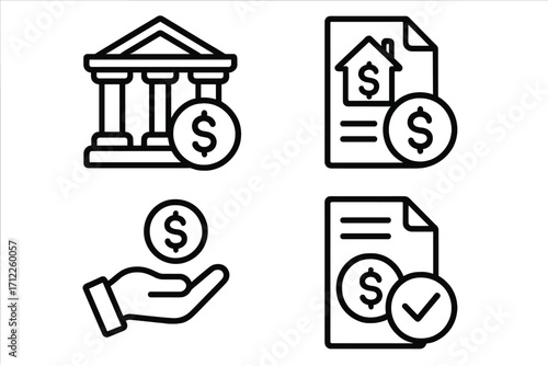 Banking loan financial icon set. Outline vector symbols for lending, credit approval, mortgage agreement. House financing, investment payment, money concepts for app ui ux design.