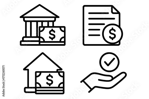 Banking loan financial icons set. Outline style for lending and approval. Vector illustration of mortgage, bank credit, application form and approved successful deal.